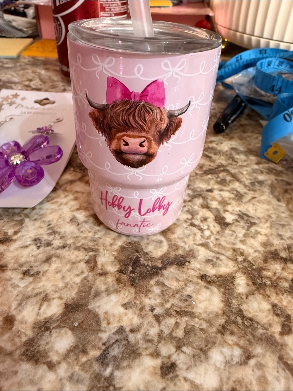 Mini Hobby Lobby Pink Cow Tumbler with Lid and Straw